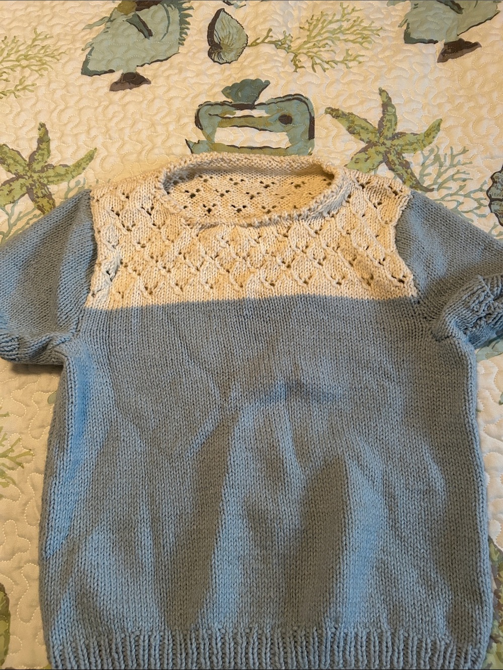 Vintage Handmade Baby Blue & Cream Knit Sweater for Women